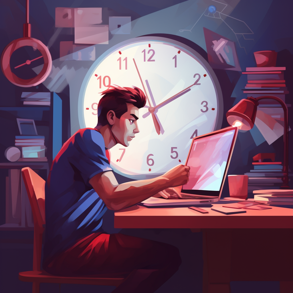 A young man sitting at their desk receiving a notification on their desktop computer. Clock in the background. He is sitting in a cluttered looking room.